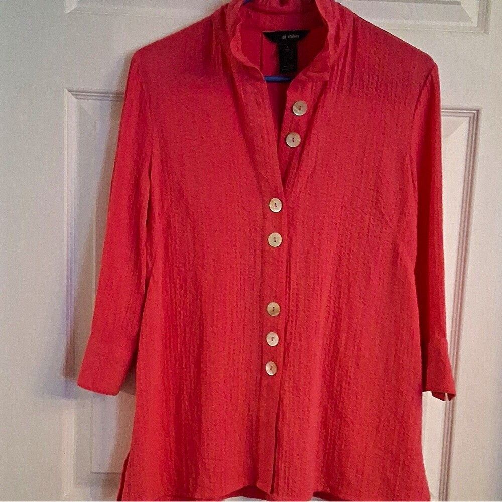 ali miles Women's Pink WiredCollared Button Front 3/4 Sleeve Tunic Blouse Small